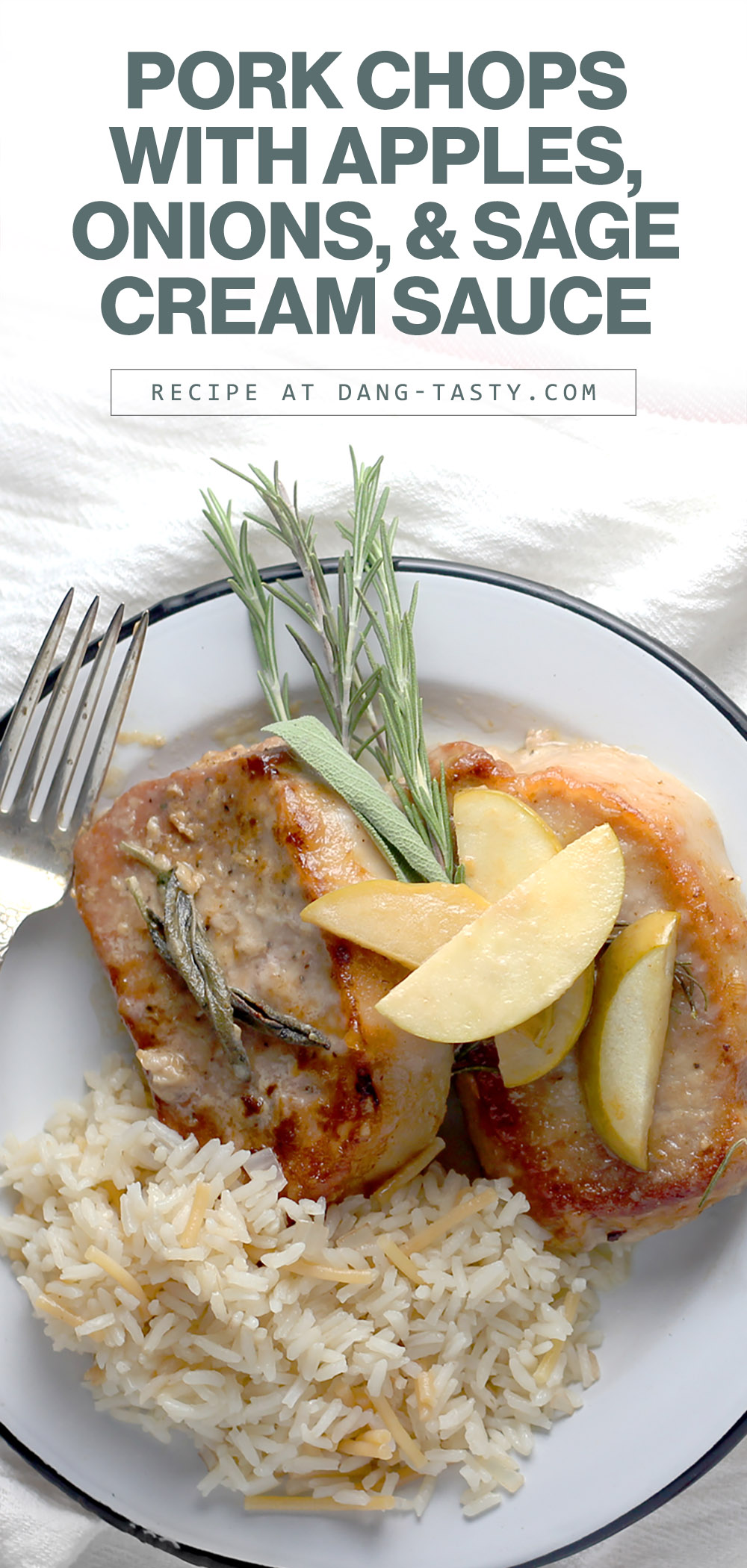 Lightly breaded pork chops are served with sauteed apples and onions and finished with the tastiest sage cream sauce. Get the full dang tasty recipe!